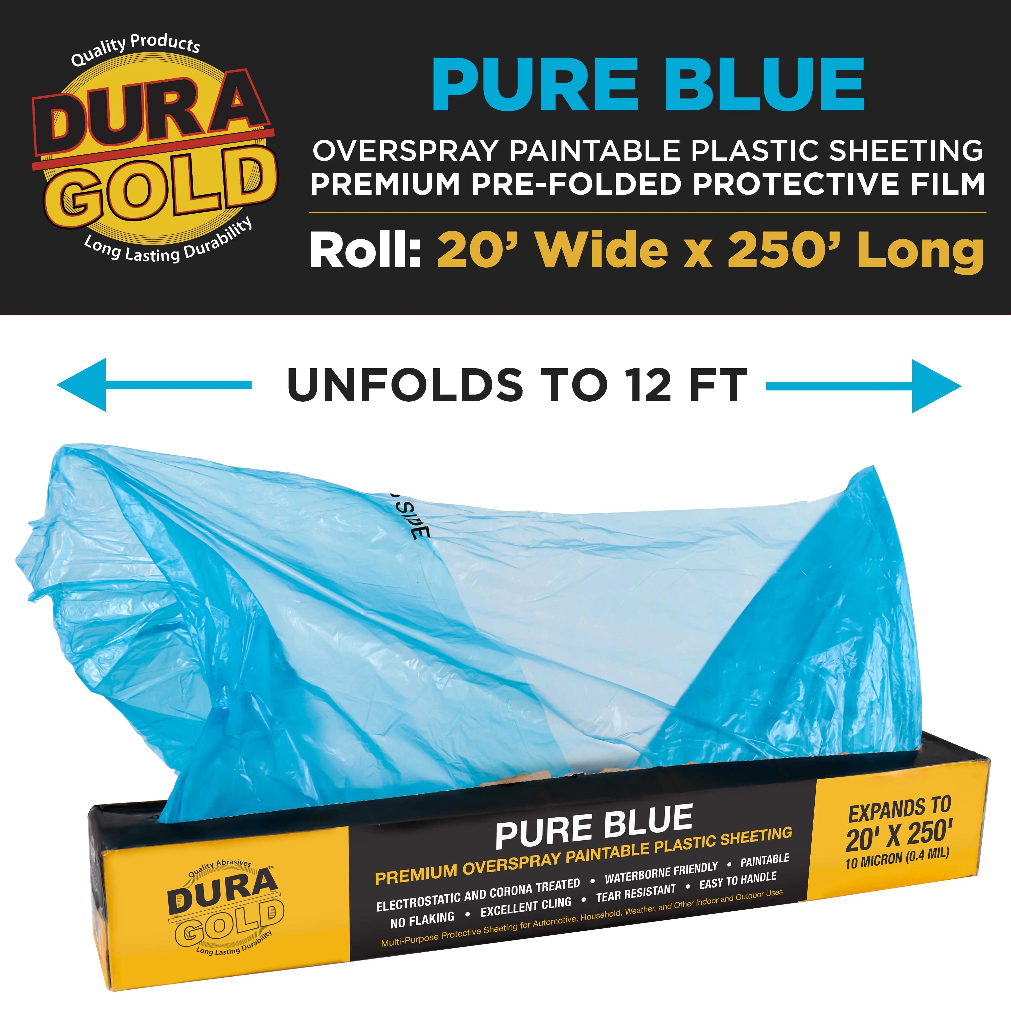 20' x 250' Roll of Pure Blue Premium Overspray Paintable Plastic Sheeting - 10 Micron, 0.4 Mil, Protective Masking Film Cover, Auto Painting