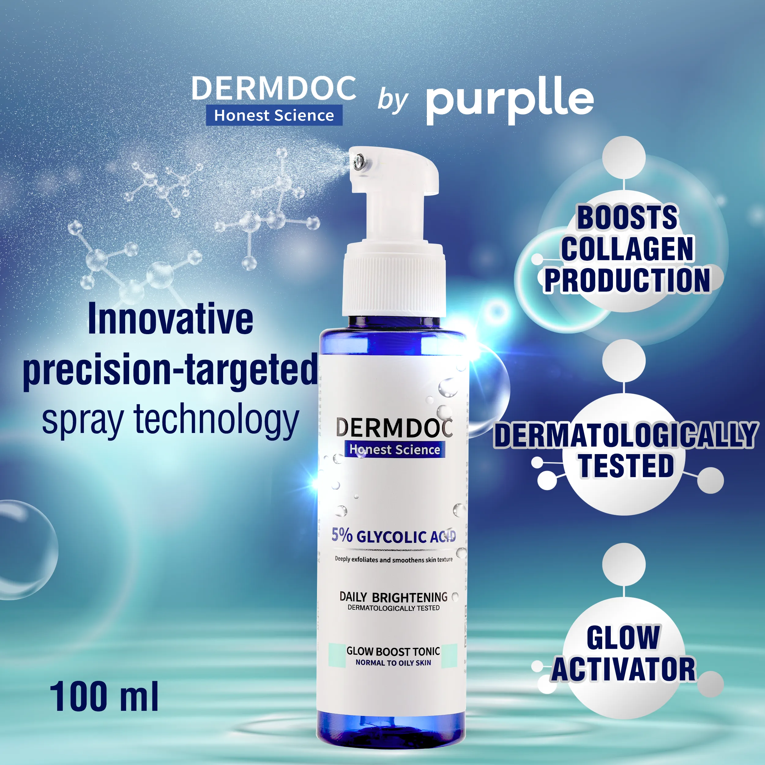 DERMDOC By Purplle 5% Glycolic Acid Glow Boost Tonic (100 ml) | Glowing Skin | Gentle Exfoliation