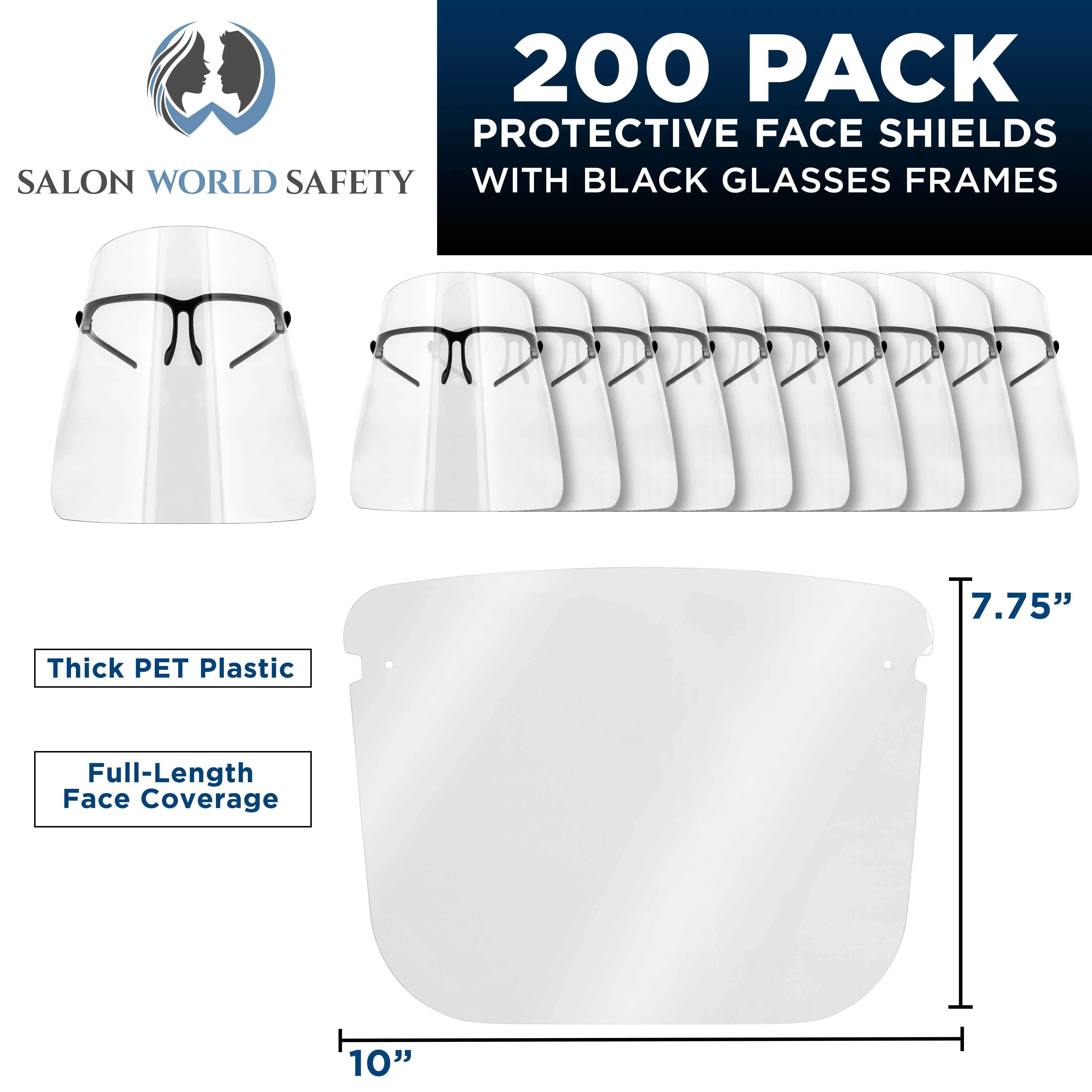 Face Shields with Black Glasses Frames (20 Packs of 10) - Ultra Clear Protective Full Face Shields to Protect Eyes Nose Mouth - Anti-Fog PET Plastic