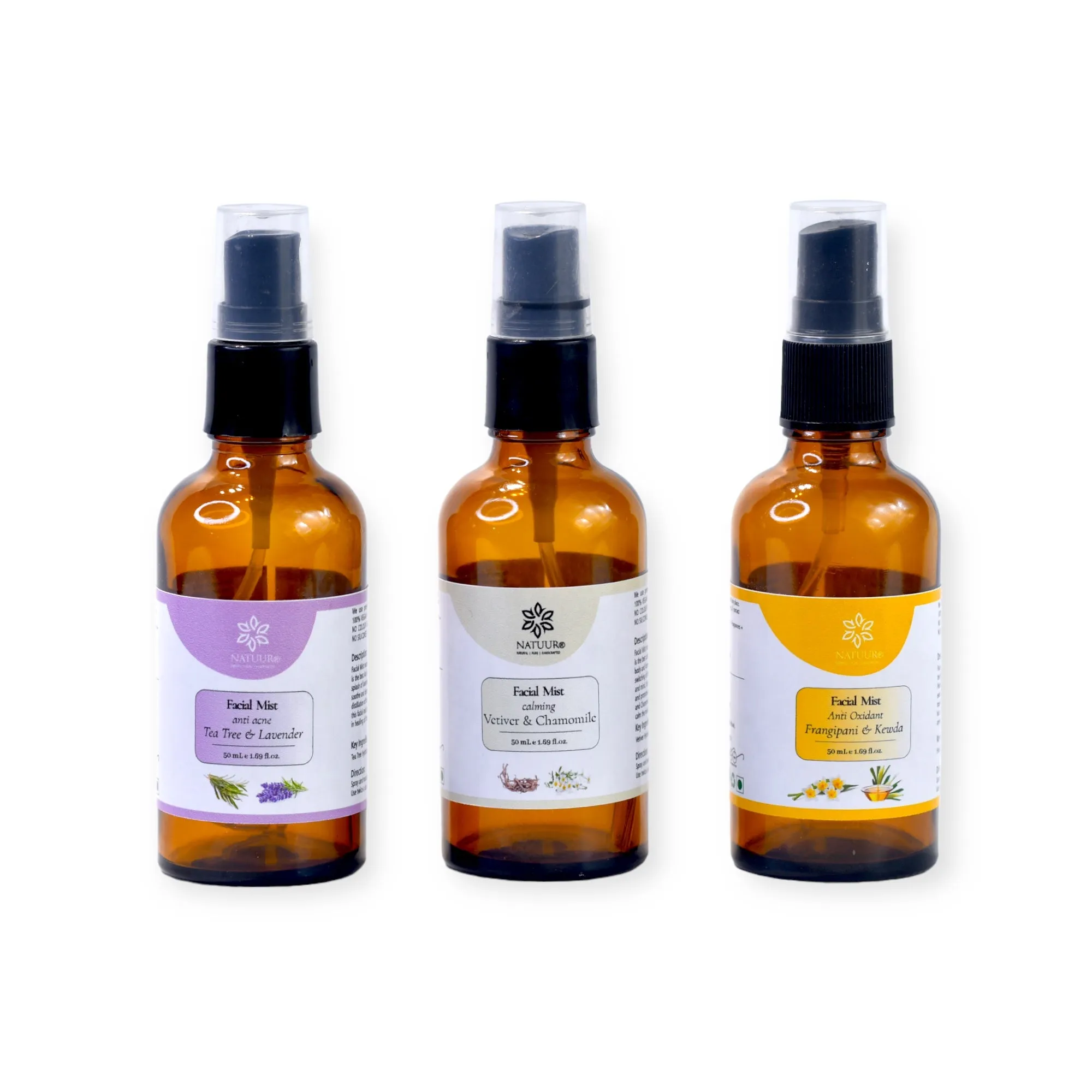 Facial Mists Kit for Summers (Firangipani Kewda, Vetiver Chamomile, Tea tree Lavender ) 50 ml x 3