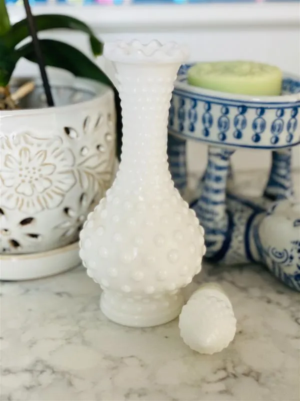 Milk Glass Hobnail Floral Perfume Bottle